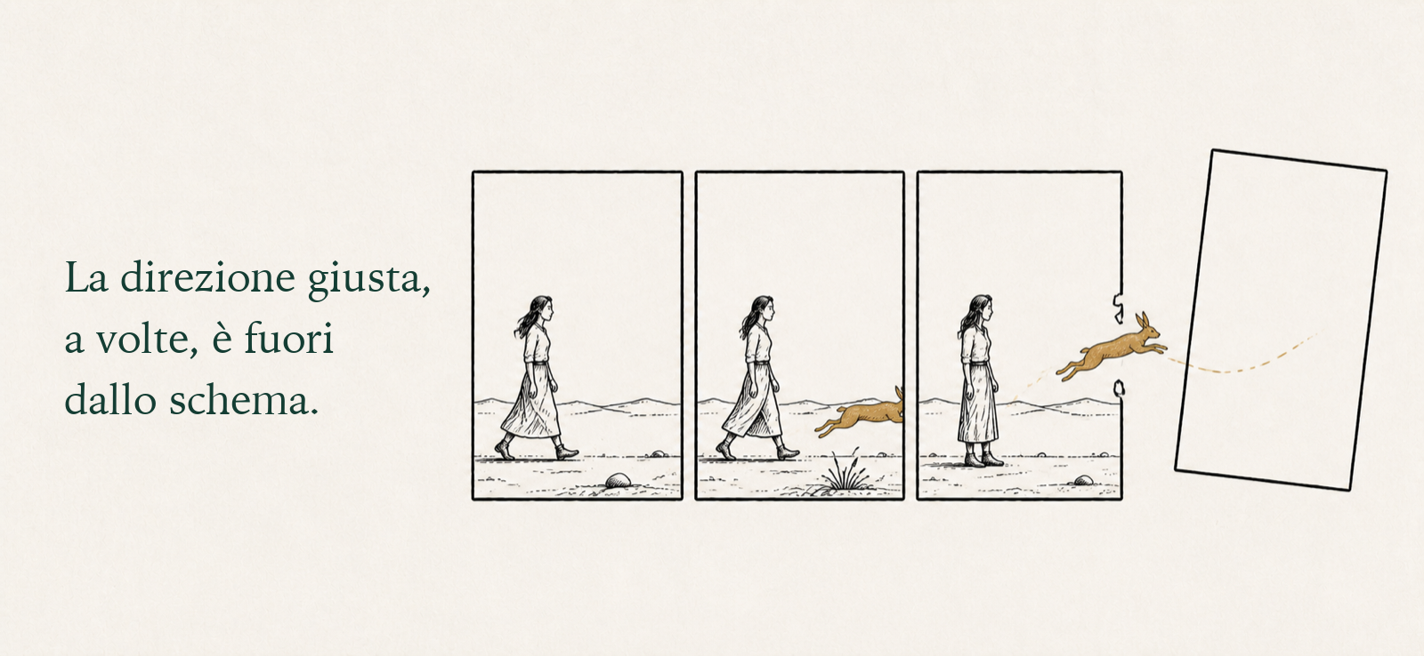 Una lepre attraversa una sequenza di vignette e rompe il margine dell’ultima. La direzione giusta, a volte, è fuori dallo schema.