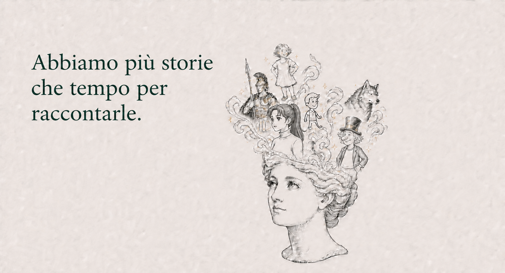 Testa femminile di ispirazione classica da cui emergono personaggi narrativi di stili diversi. Abbiamo più storie che tempo per raccontarle.